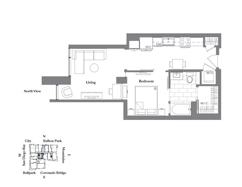 Floor plan for 1 bed, 1 bath, 641 sqft
